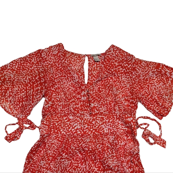 H&M Women's US 10 Large Orange White Cheetah Print Button Up Romper w/ Waist Tie - Picture 4 of 16